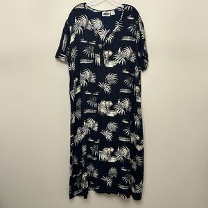 MTB Meant To Be Short Sleeve Midi Shift Dress Womens XL Blue Tropical Elephant